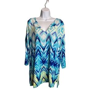 Chico's Womens Blue Modern Artsy Chevron Print Tunic Top Sz 2 Large Flowy Boho